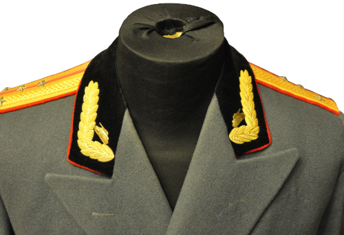 На черном бархатном воротнике 
	парадно-выходного мундира офицера БТВ образца 1955 г. размещены металлический орнамент и эмблемы БТВ