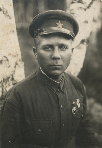 Неизвестный красноармеец с петличными 
	значками в виде пулемета на колесном станке