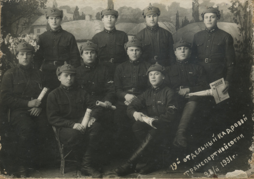 Красноармейцы 19-й отдельной транспортной роты (сотни) 
	УВО. На петлицах присутствует шифровка 19 со значками ВОСО № 10, в т. ч. вариант значка со звездой. Шифровки как выполненные краской, так и металлические. У двоих изображенных 
	нашиты нарукавные знаки ВОСО